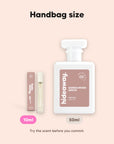 hideaway. Sandalwood Grove perfume 10ml travel size beside the 50ml bottle, handbag size
