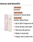 Ivory Bloom Perfume 10ml features, top notes Caramel, heart notes Coumarin, Honey Base, base notes Vanilla, White Musk, 10ml, vegan and cruelty free