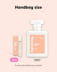 hideaway. Peachy Nights perfume 10ml travel size beside the 50ml bottle, handbag size