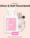 hideaway. Flower Power perfume 50ml beside the Viktor & Rolf Flowerbomb bottle it is inspired by, handmade on the Gold Coast