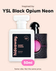 hideaway. Sweet Chaos perfume 50ml beside the YSL Black Opium Neon bottle it is inspired by, handmade on the Gold Coast