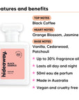 Black Essence perfume scent notes, top notes Black Coffee, heart notes Orange Blossom, Jasmine, base notes Vanilla, Cedarwood, Patchouli