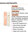 Peachy Nights Perfume 10ml features, top notes Peach, Blood Orange, Cardamom, Heliotrope, heart notes Rum, Cognac, Davana, Jasmine, base notes Vanilla, Indonesian Patchouli Leaf, Tonka Bean, Sandalwood, Benzoin, Cashmeran, Styrax, Labdanum, Vetiver, 10ml, vegan and cruelty free