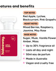 Apple Crush perfume scent notes, top notes Red Apple, Lychee, Blackcurrant, Pink Grapefruit, heart notes Mixed Berries, Raspberry, Jasmine, May Rose, base notes Sugar, Musk, Vanilla Flower, Amber, Moss