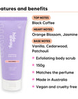 Black Essence Body Scrub features, top notes Black Coffee, heart notes Orange Blossom, Jasmine, base notes Vanilla, Cedarwood, Patchouli, 150g, vegan and cruelty free