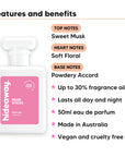 Musk Sticks perfume scent notes, top notes Sweet Musk, heart notes Soft Floral, base notes Powdery Accord