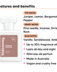 Boheme Whisper perfume scent notes, top notes Juniper, Lemon, Bergamot, Pepper, heart notes Pine needle, Incense, Orris Root, base notes Vanilla, Sandalwood, Amber
