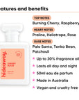 Cherry Blaze perfume scent notes, top notes Burning Cherry, Raspberry, heart notes Praline, Heliotrope, Rose, base notes Palo Santo, Tonka Bean, Patchouli