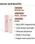 Petal Dreams Perfume 10ml features, top notes Wild Berries, heart notes Violet, Jasmine, base notes Amber, 10ml, vegan and cruelty free