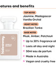 Vanilla Delight perfume scent notes, top notes Jasmine, Madagascar Vanilla Orchid, heart notes Brazilian Tonka, base notes Musk, Amber, Patchouli