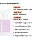 Rise & Shine perfume scent notes, top notes Star Jasmine, Blood Orange, heart notes Amber, Red Peony, base notes Vanilla Musk, Cedar