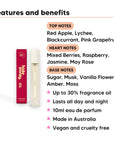 Apple Crush Perfume 10ml features, top notes Red Apple, Lychee, Blackcurrant, Pink Grapefruit, heart notes Mixed Berries, Raspberry, Jasmine, May Rose, base notes Sugar, Musk, Vanilla Flower, Amber, Moss, 10ml, vegan and cruelty free