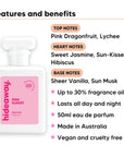 Pink Sunset perfume scent notes, top notes Pink Dragonfruit, Lychee, heart notes Sweet Jasmine, Sun-Kissed Hibiscus, base notes Sheer Vanilla, Sun Musk