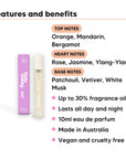 Elegant Charm Perfume 10ml features, top notes Orange, Mandarin, Bergamot, heart notes Rose, Jasmine, Ylang-Ylang, base notes Patchouli, Vetiver, White Musk, 10ml, vegan and cruelty free