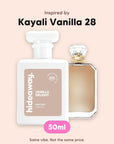 hideaway. Vanilla Delight perfume 50ml beside the Kayali Vanilla 28 bottle it is inspired by, handmade on the Gold Coast