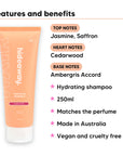 Aurora Rouge Shampoo features, top notes Jasmine, Saffron, heart notes Cedarwood, base notes Ambergris Accord, 250ml, vegan and cruelty free
