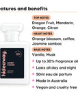 Sweet Chaos perfume scent notes, top notes Dragon Fruit, Mandarin, Orange, Citron, heart notes Orange blossom, coffee, Jasmine sambac, base notes Vanilla, Musk