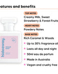 Sugar Baby perfume scent notes, top notes Creamy Milk, Sweet Strawberry & Forest Fruits., heart notes Powdery Notes., base notes Rich Caramel & Woods.