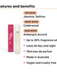 Aurora Rouge Perfume 10ml features, top notes Jasmine, Saffron, heart notes Cedarwood, base notes Ambergris Accord, 10ml, vegan and cruelty free