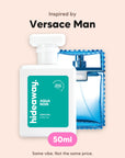 hideaway. Aqua Noir perfume 50ml beside the Versace Man bottle it is inspired by, handmade on the Gold Coast