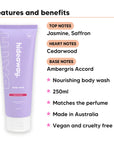 Aurora Rouge Body Wash features, top notes Jasmine, Saffron, heart notes Cedarwood, base notes Ambergris Accord, 250ml, vegan and cruelty free