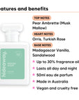 Heaven Scent perfume scent notes, top notes Pear Ambrette (Musk Mallow), heart notes Orris, Turkish Rose, base notes Madagascar Vanilla, Sandalwood