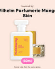 hideaway. Wild Mango perfume 50ml beside the Vilhelm Parfumerie Mango Skin bottle it is inspired by, handmade on the Gold Coast