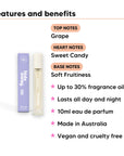 Bubba Hubba Perfume 10ml features, top notes Grape, heart notes Sweet Candy, base notes Soft Fruitiness, 10ml, vegan and cruelty free
