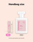 hideaway. Petal Dreams perfume 10ml travel size beside the 50ml bottle, handbag size