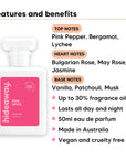 Pink Spice perfume scent notes, top notes Pink Pepper, Bergamot, Lychee, heart notes Bulgarian Rose, May Rose, Jasmine, base notes Vanilla, Patchouli, Musk