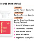 Floral Frenzy perfume scent notes, top notes Vanilla Flower, Cassis, Citrus, heart notes Bamboo, Flowers, Jasmine, base notes Vanilla Bean, Sandalwood, Orchid, Patchouli