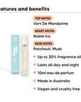 Diamond Kiss Perfume 10ml features, top notes Vert De Mandarine, heart notes Noble Iris, base notes Patchouli, Musk, 10ml, vegan and cruelty free