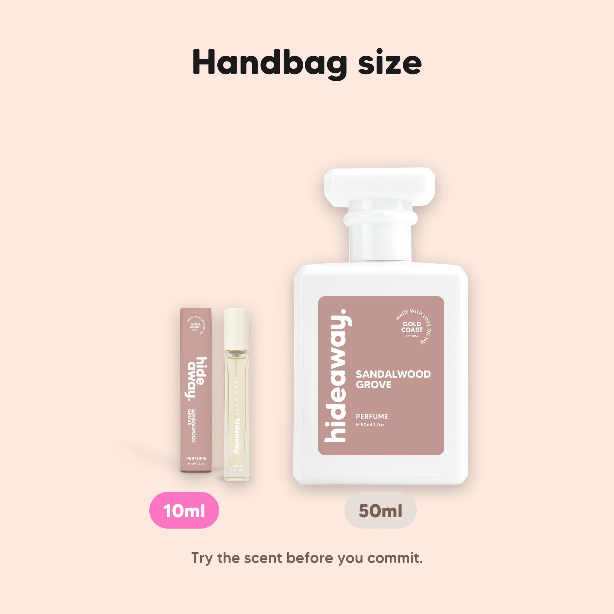 hideaway. Sandalwood Grove perfume 10ml travel size beside the 50ml bottle, handbag size