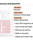 Ivory Bloom perfume scent notes, top notes Caramel, heart notes Coumarin, Honey Base, base notes Vanilla, White Musk