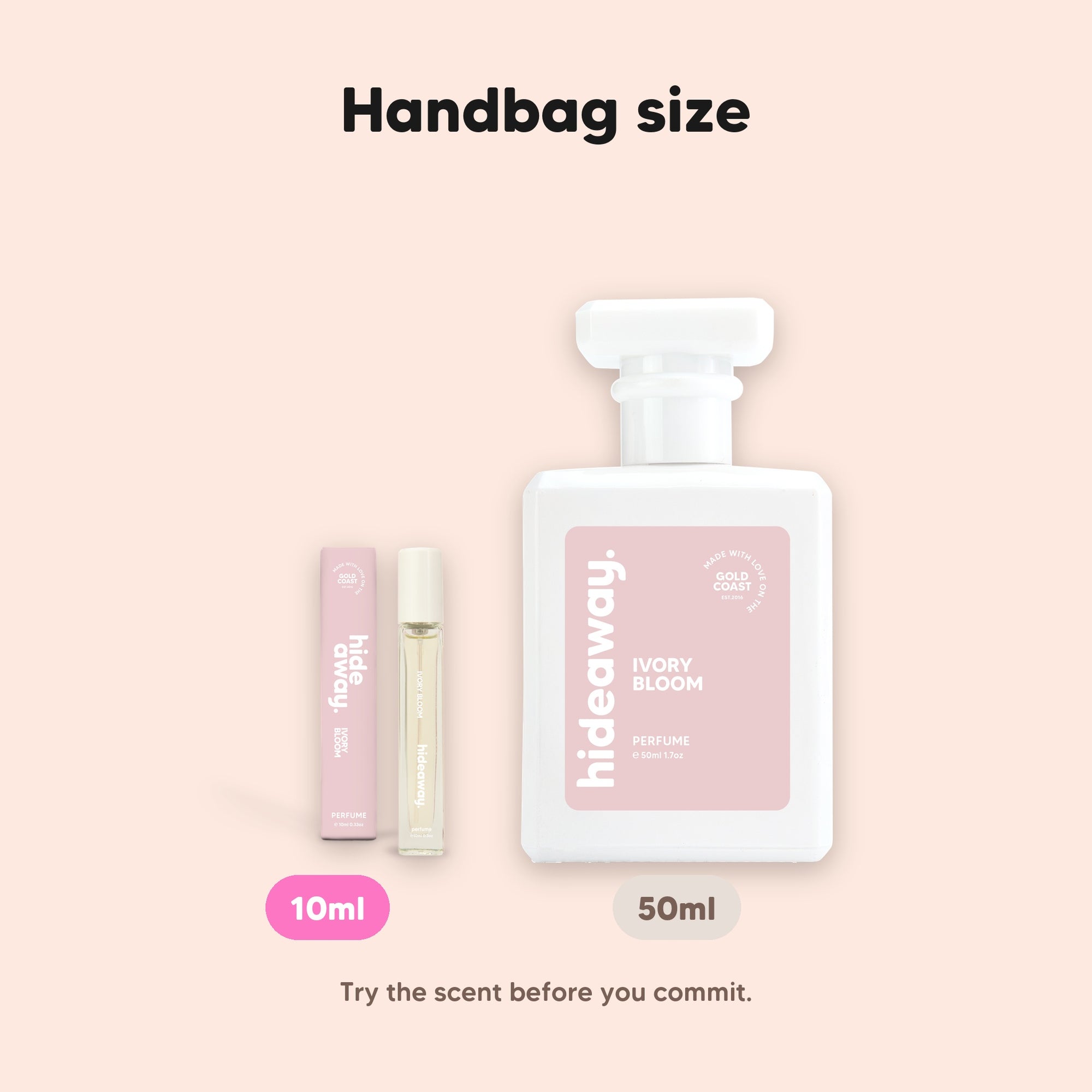 hideaway. Ivory Bloom perfume 10ml travel size beside the 50ml bottle, handbag size