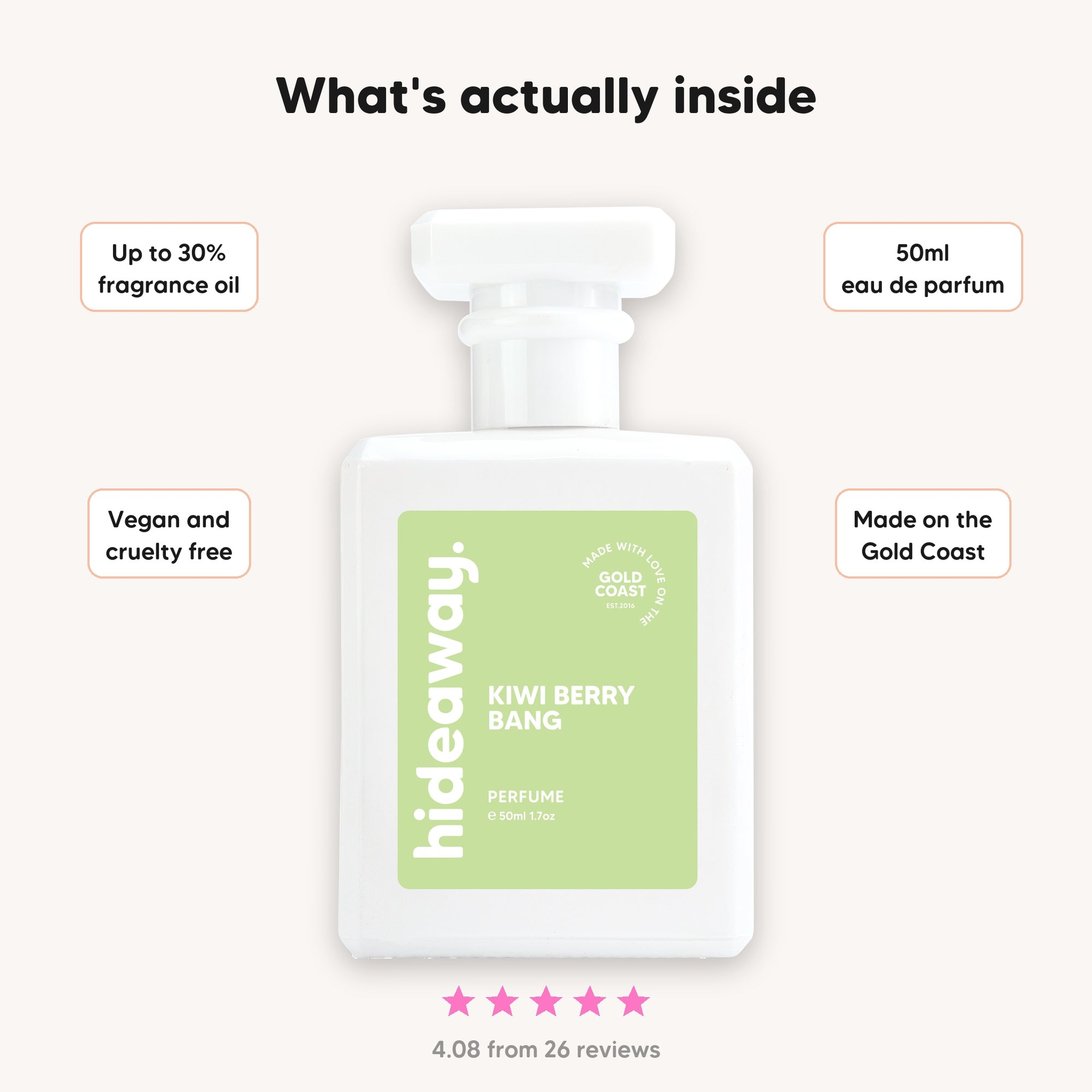 What's inside hideaway. Kiwi Berry Bang perfume, up to 30% fragrance oil, 50ml eau de parfum, vegan and cruelty free, made on the Gold Coast, rated 4.08 from 26 reviews