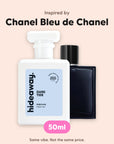 hideaway. Dark Tide perfume 50ml beside the Chanel Bleu de Chanel bottle it is inspired by, handmade on the Gold Coast
