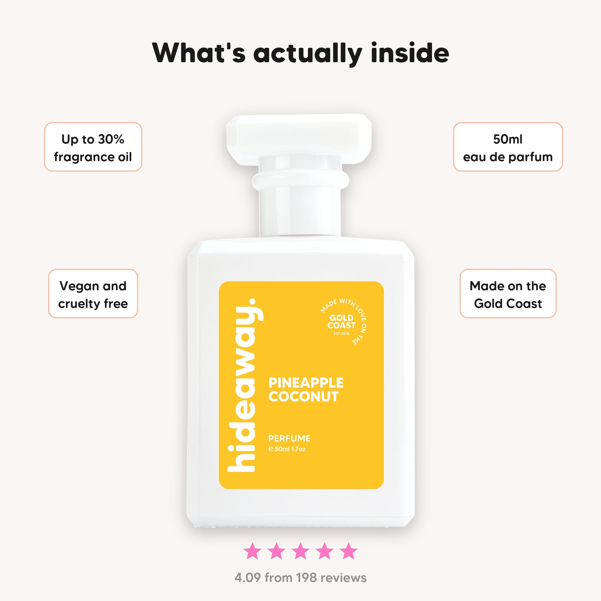 What's inside hideaway. Pineapple Coconut perfume, up to 30% fragrance oil, 50ml eau de parfum, vegan and cruelty free, made on the Gold Coast, rated 4.09 from 198 reviews