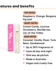 Pink Candy Perfume 10ml features, top notes Raspberry, Orange, Bergamot, Fig Leaf, heart notes Cotton Candy, Licorice, Strawberry, Red Berries, Lily-of-the-Valley, base notes Caramel, Vanilla, Musk, Tonka Bean, Sandalwood, 10ml, vegan and cruelty free