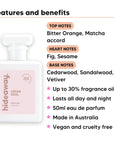 Cedar Soul perfume scent notes, top notes Bitter Orange, Matcha accord, heart notes Fig, Sesame, base notes Cedarwood, Sandalwood, Vetiver