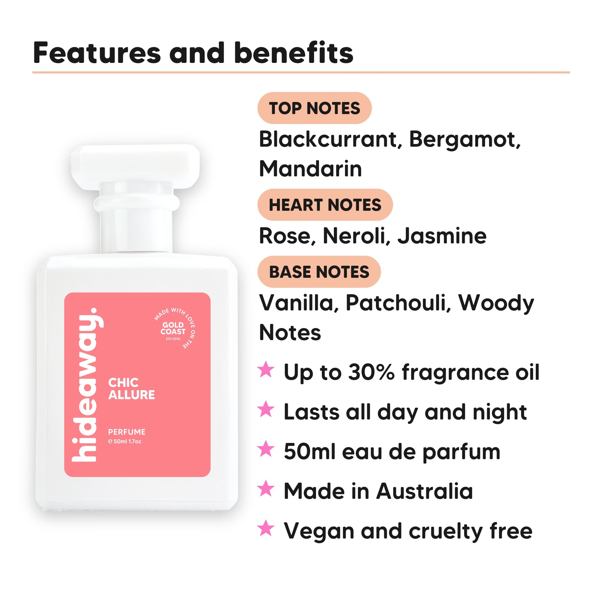 Chic Allure perfume scent notes, top notes Blackcurrant, Bergamot, Mandarin, heart notes Rose, Neroli, Jasmine, base notes Vanilla, Patchouli, Woody Notes