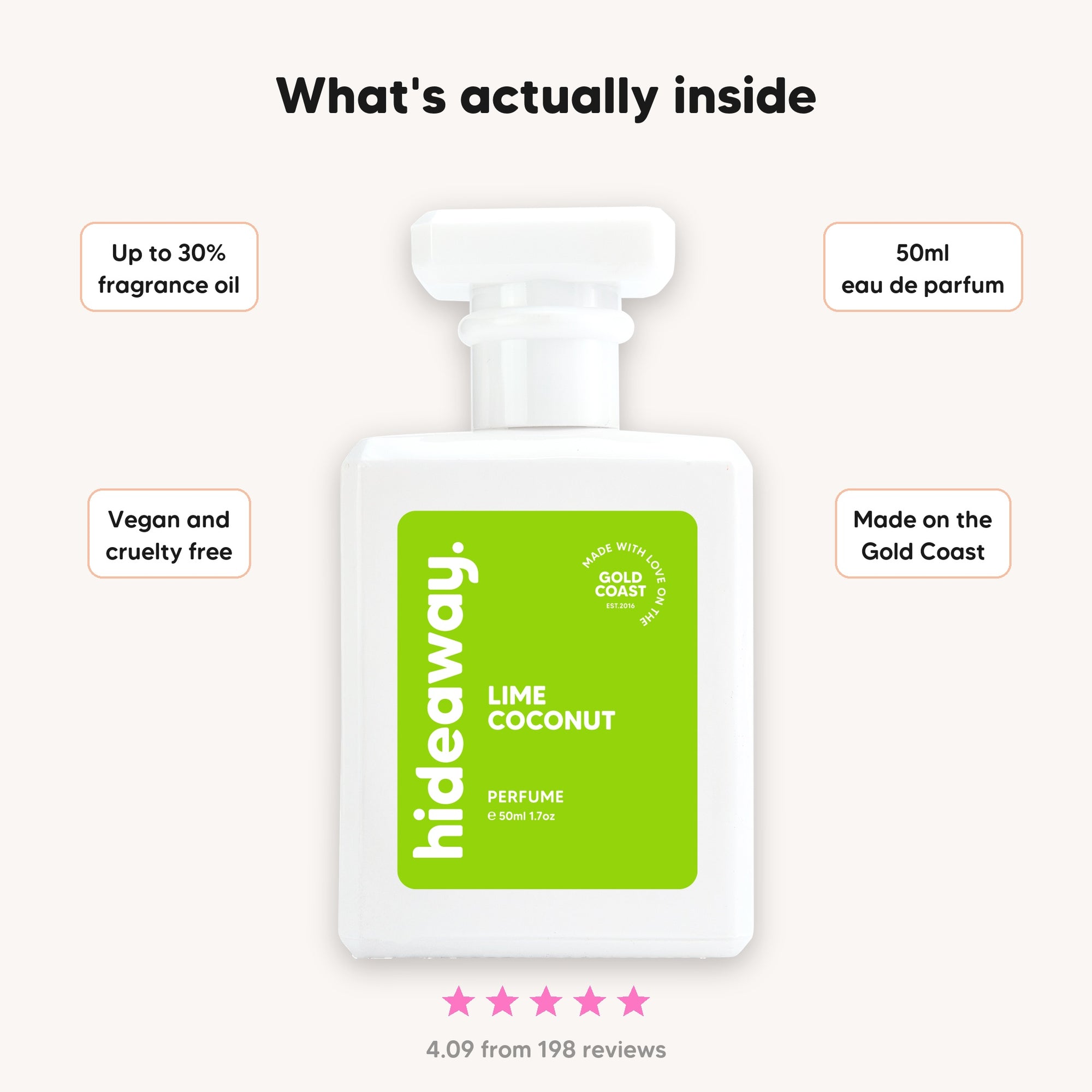 What's inside hideaway. Lime Coconut perfume, up to 30% fragrance oil, 50ml eau de parfum, vegan and cruelty free, made on the Gold Coast, rated 4.09 from 198 reviews