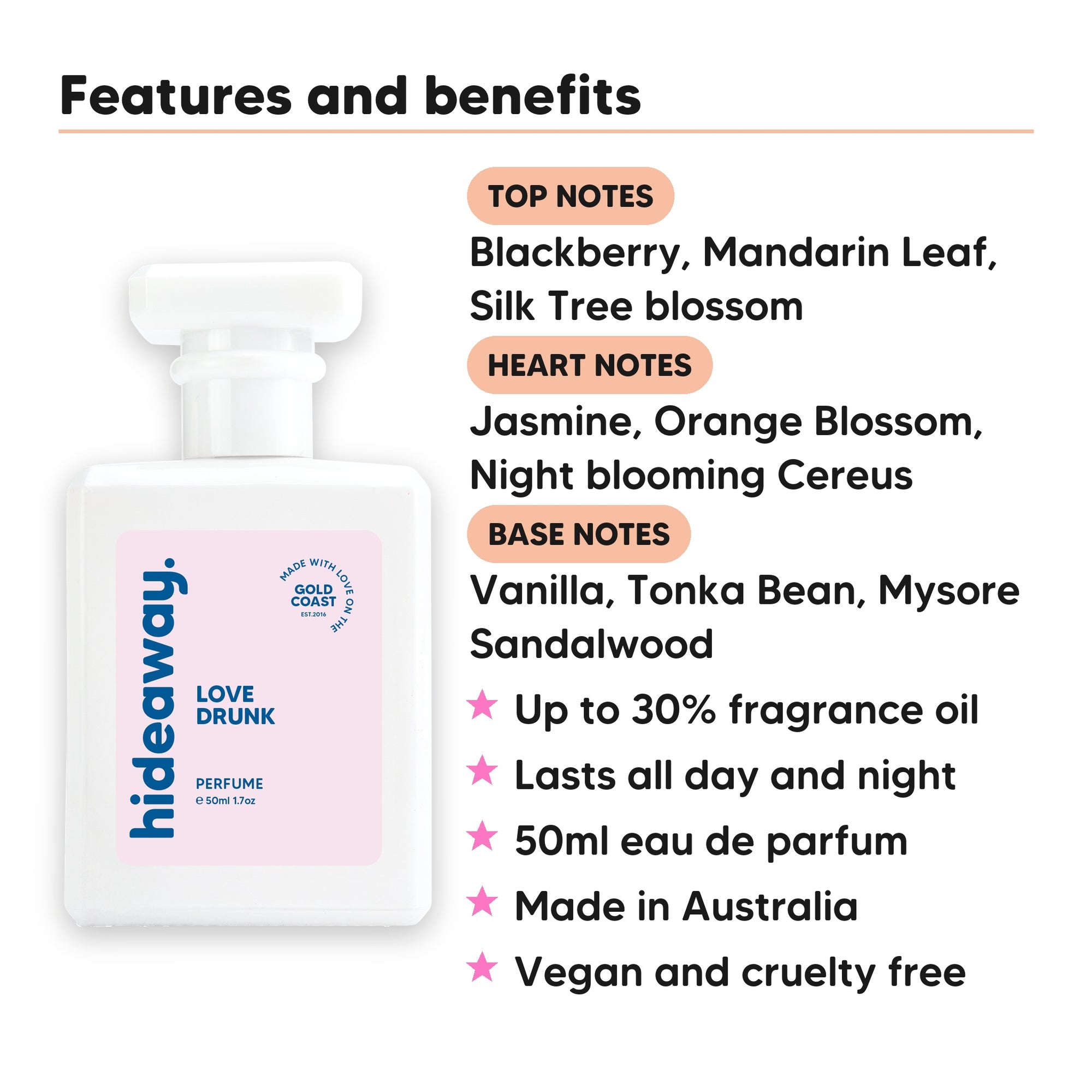 Love Drunk perfume scent notes, top notes Blackberry, Mandarin Leaf, Silk Tree blossom, heart notes Jasmine, Orange Blossom, Night blooming Cereus, base notes Vanilla, Tonka Bean, Mysore Sandalwood