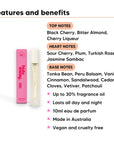 Cheeky Cherry Perfume 10ml features, top notes Black Cherry, Bitter Almond, Cherry Liqueur, heart notes Sour Cherry, Plum, Turkish Rose, Jasmine Sambac, base notes Tonka Bean, Peru Balsam, Vanilla, Cinnamon, Sandalwood, Cedar, Cloves, Vetiver, Patchouli, 10ml, vegan and cruelty free