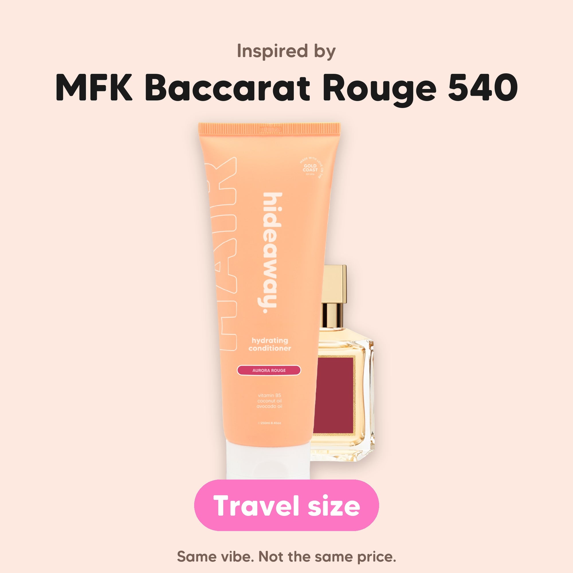 hideaway. Mini Aurora Rouge Conditioner, inspired by MFK Baccarat Rouge 540, travel size, made in Australia