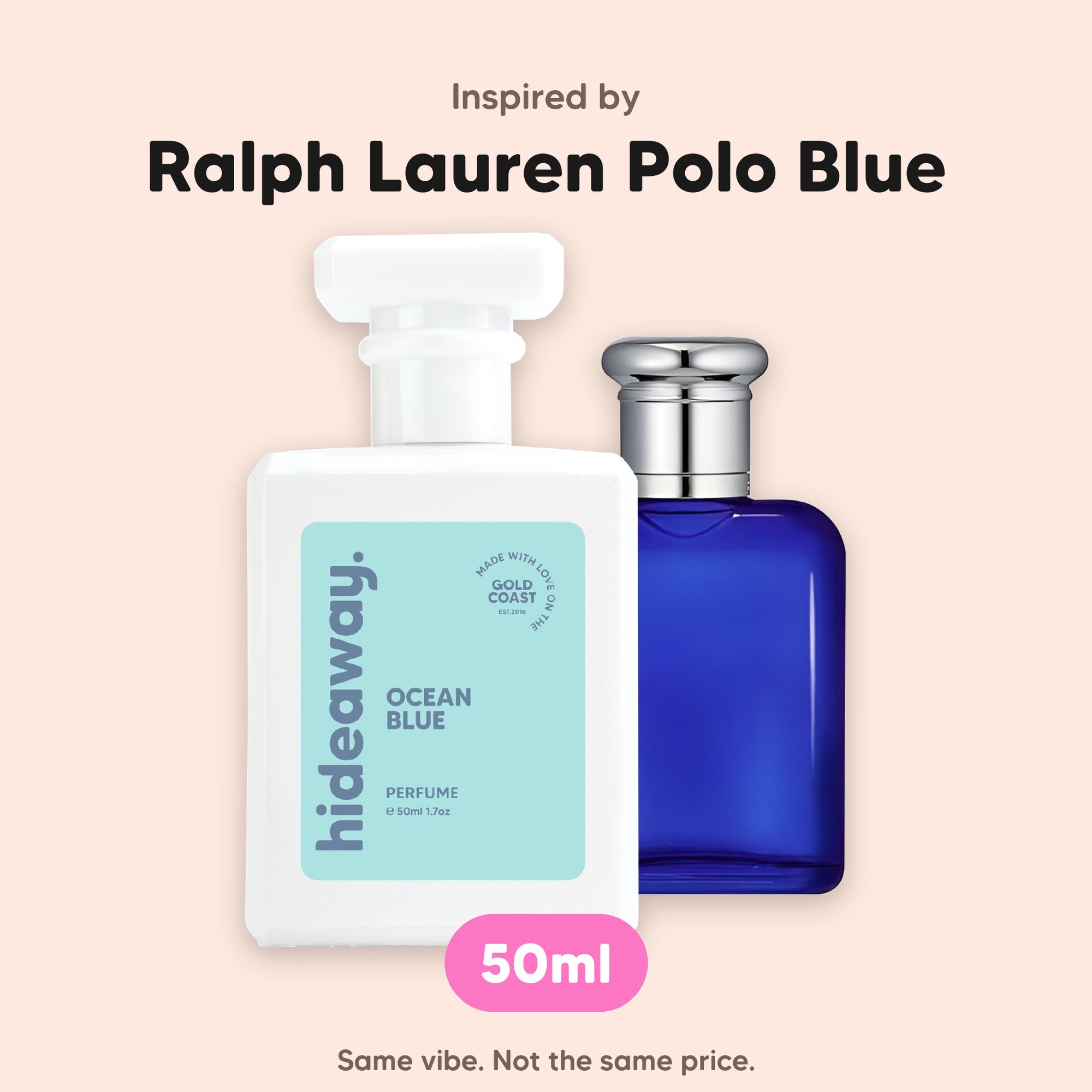 hideaway. Ocean Blue perfume 50ml beside the Ralph Lauren Polo Blue bottle it is inspired by, handmade on the Gold Coast