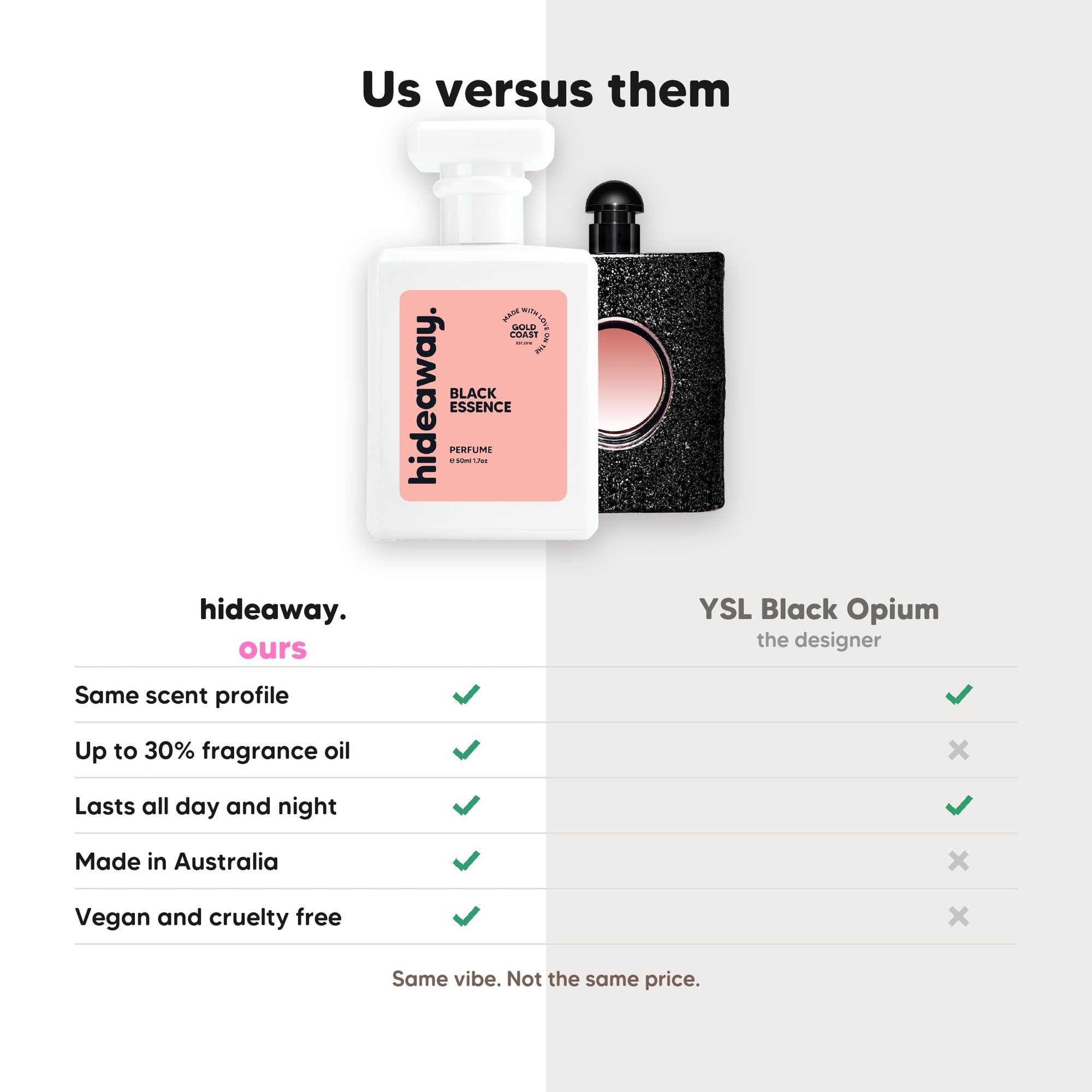 hideaway. Black Essence perfume compared to YSL Black Opium, same scent profile and up to 30% fragrance oil, made in Australia, vegan and cruelty free