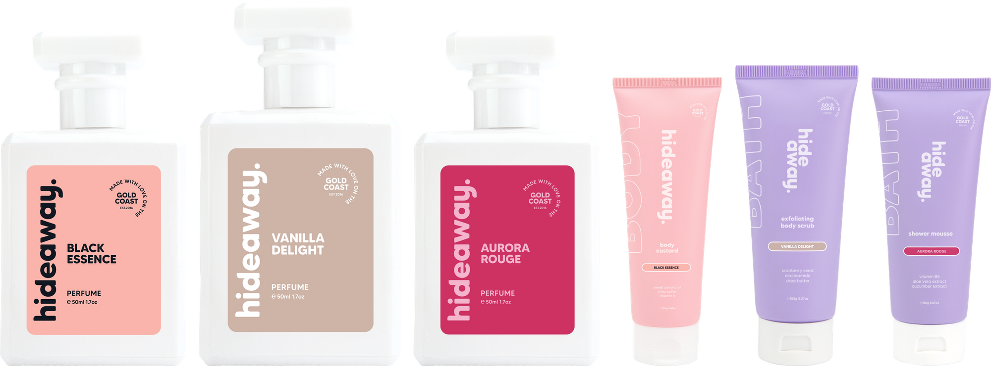 Six full size hideaway. products, three perfumes and three body