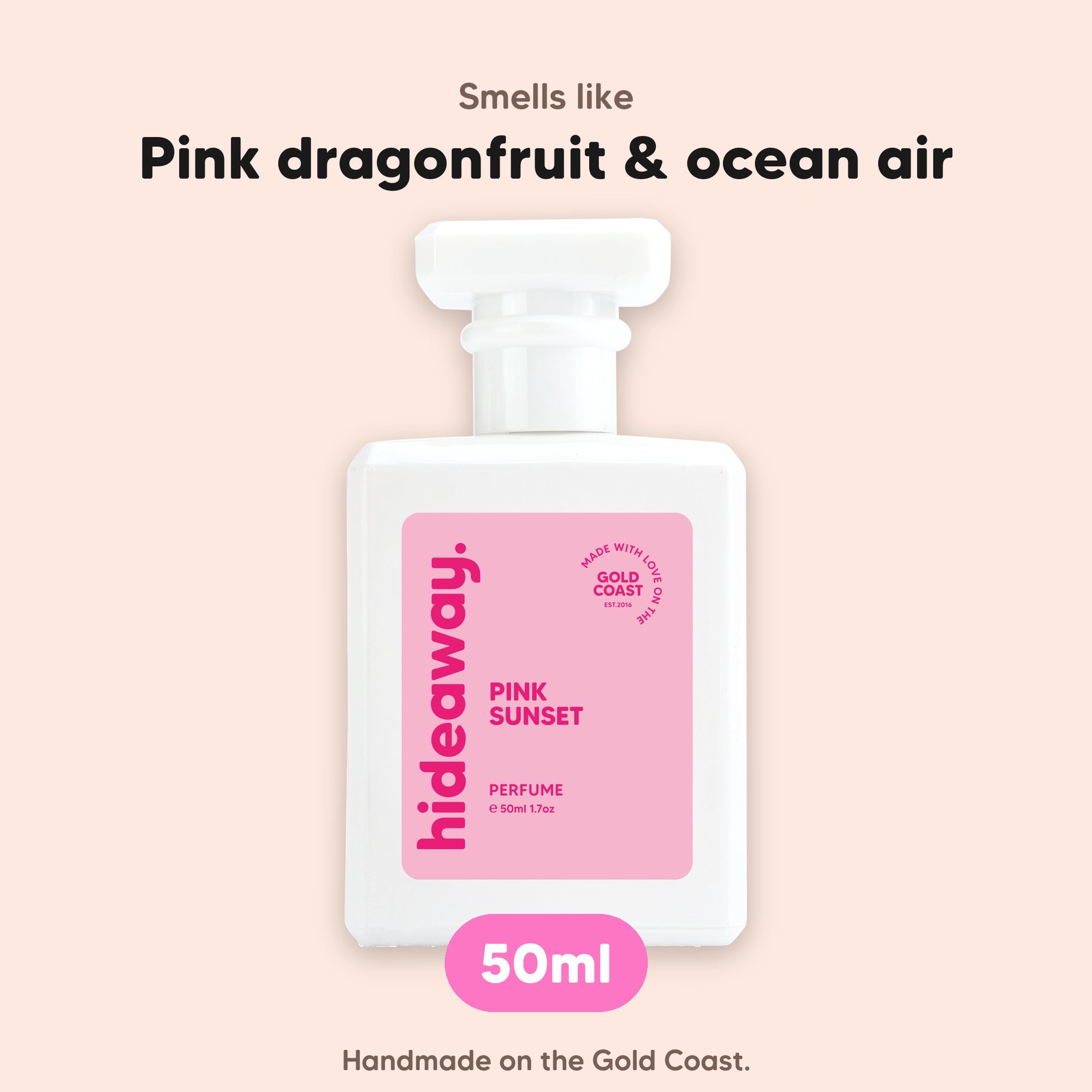hideaway. Pink Sunset perfume 50ml bottle, vegan and handmade on the Gold Coast