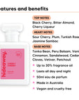 Cheeky Cherry perfume scent notes, top notes Black Cherry, Bitter Almond, Cherry Liqueur, heart notes Sour Cherry, Plum, Turkish Rose, Jasmine Sambac, base notes Tonka Bean, Peru Balsam, Vanilla, Cinnamon, Sandalwood, Cedar, Cloves, Vetiver, Patchouli